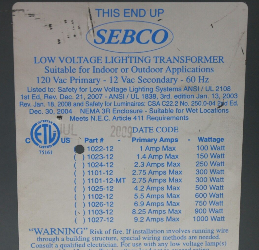 Sebco 1022-12 Low Voltage Lighting Transformer
