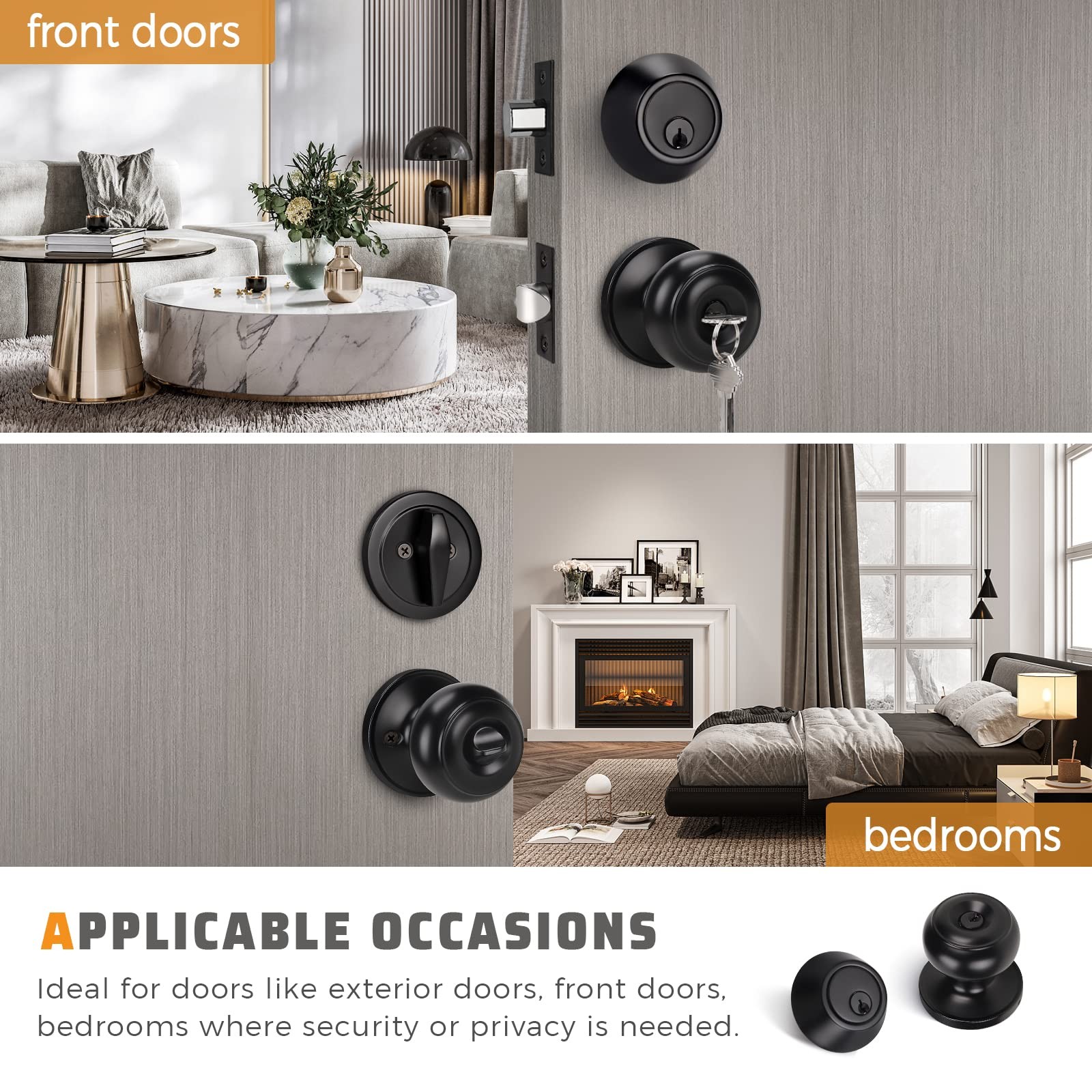 KNOBWELL 3 Pack Keyed Alike Entry Door Knobs and Single 3 Pack, Black