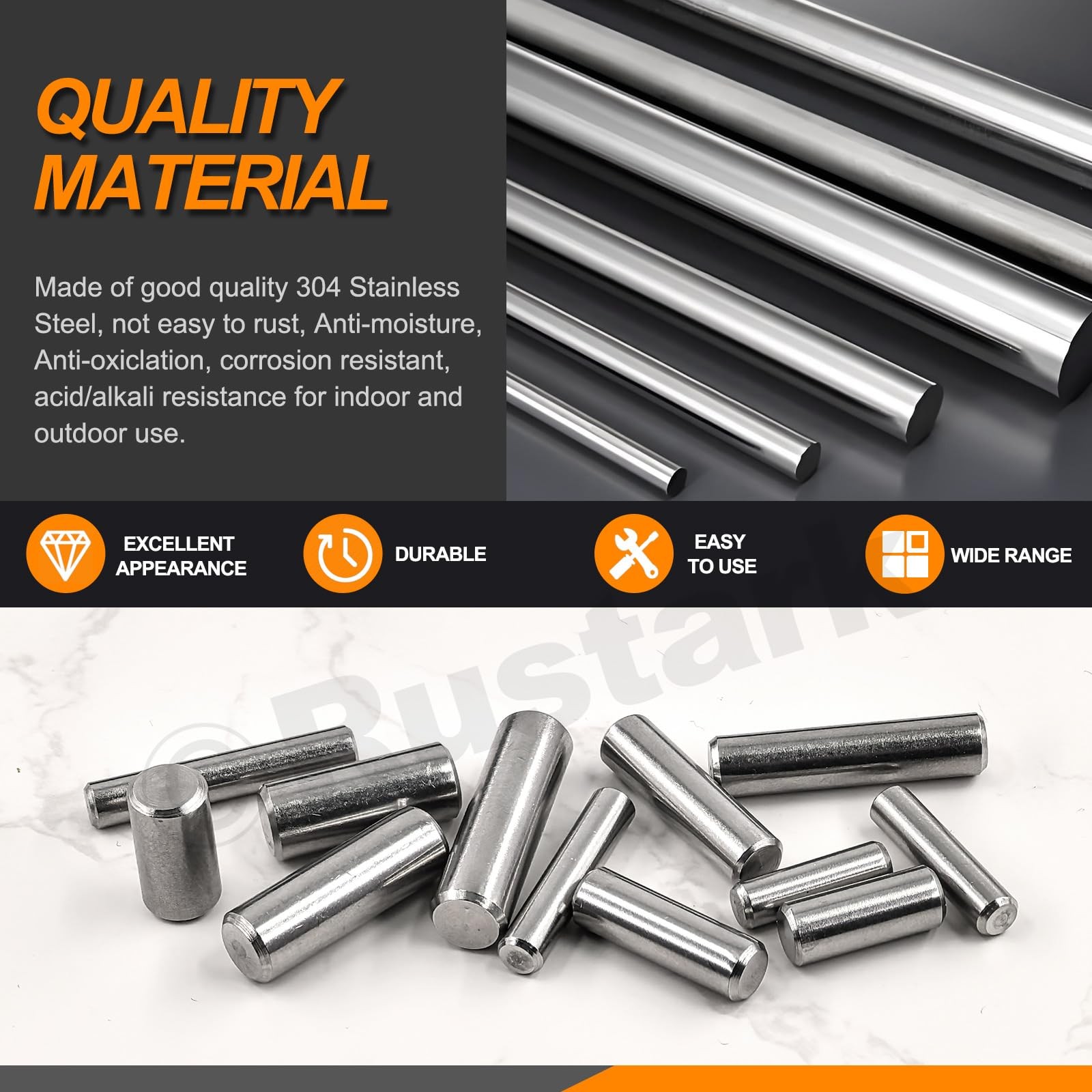 Rustark 60Pcs 12 Sizes 304 Stainless Steel Dowel 12 assorted sizes, silver