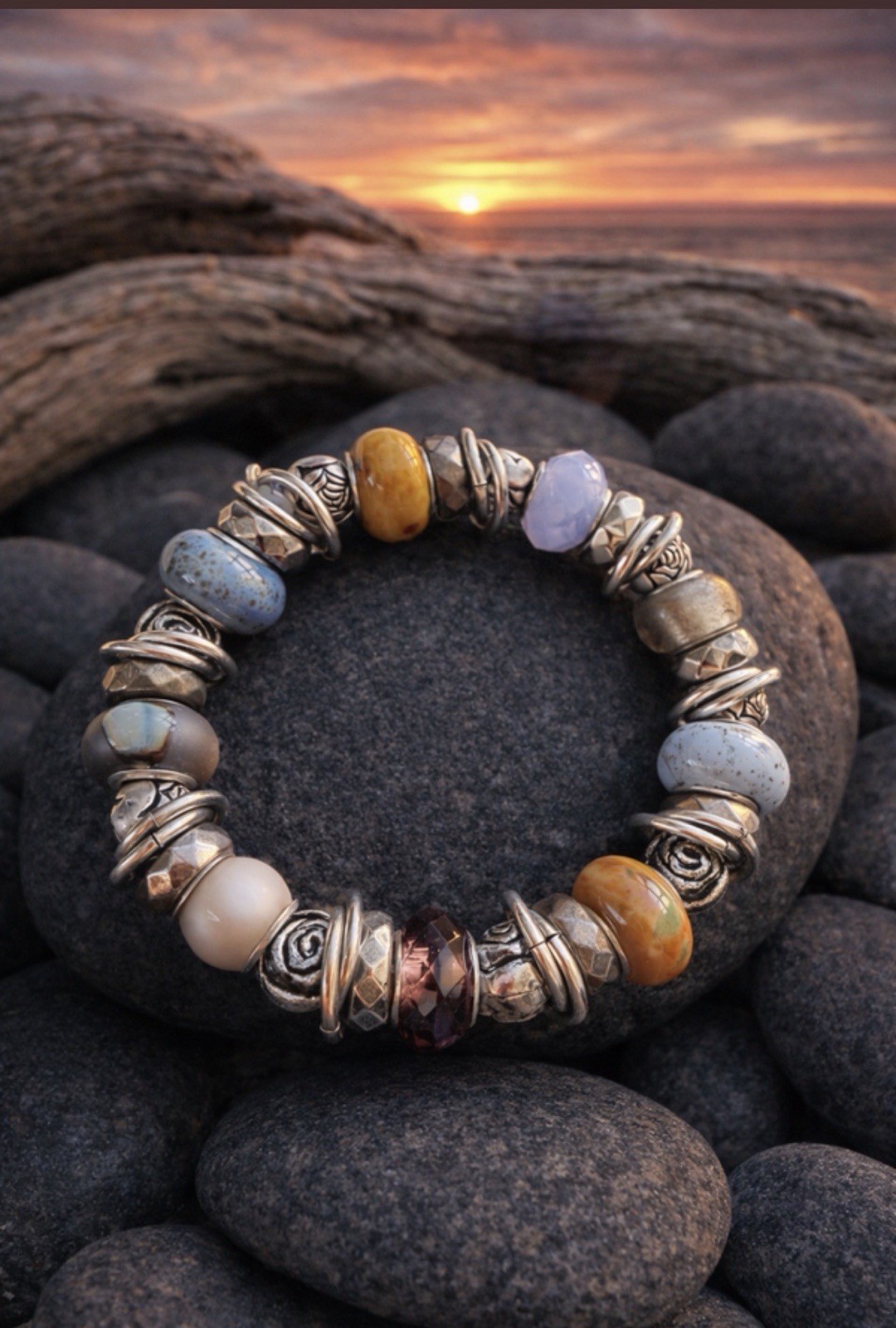 Sunset Shore Beaded Bracelet Silver Tone Charm Glass Stone Stretch