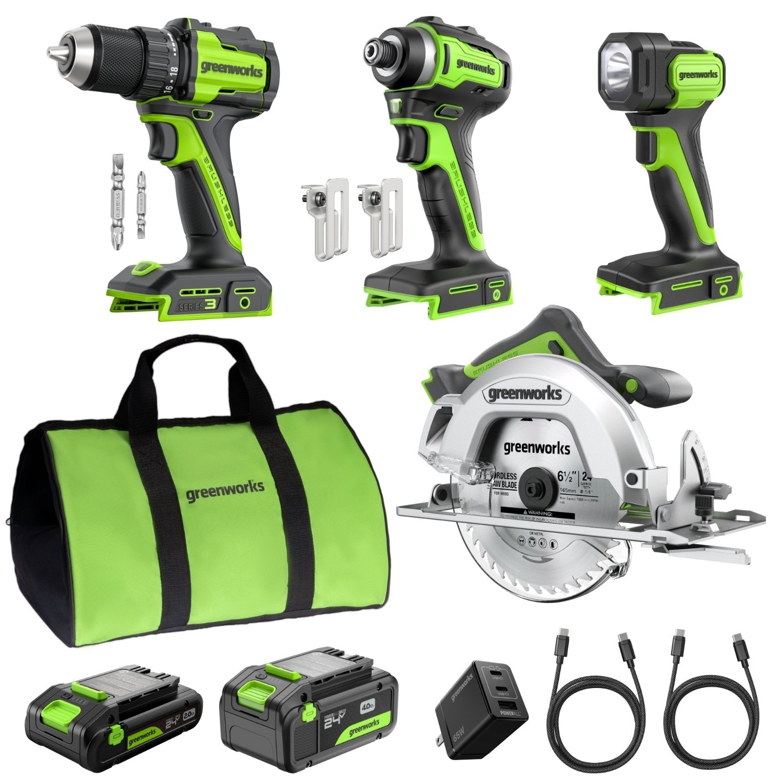 Greenworks 24V 4 Power Tool Set - Drill, Impact Driver, Circular Saw, Flashlight