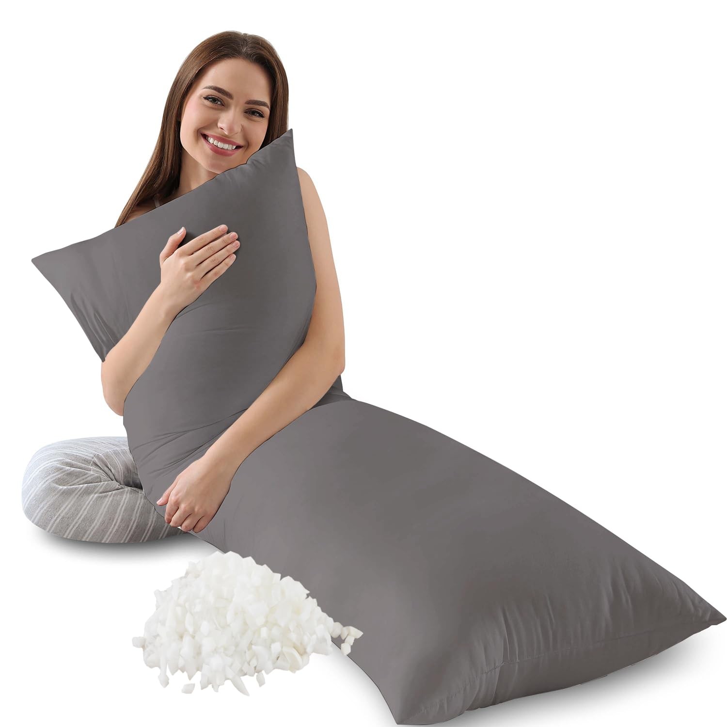 Grey Memory Foam Body Pillow Full Length Breathable Soft Supportive Adult Bed