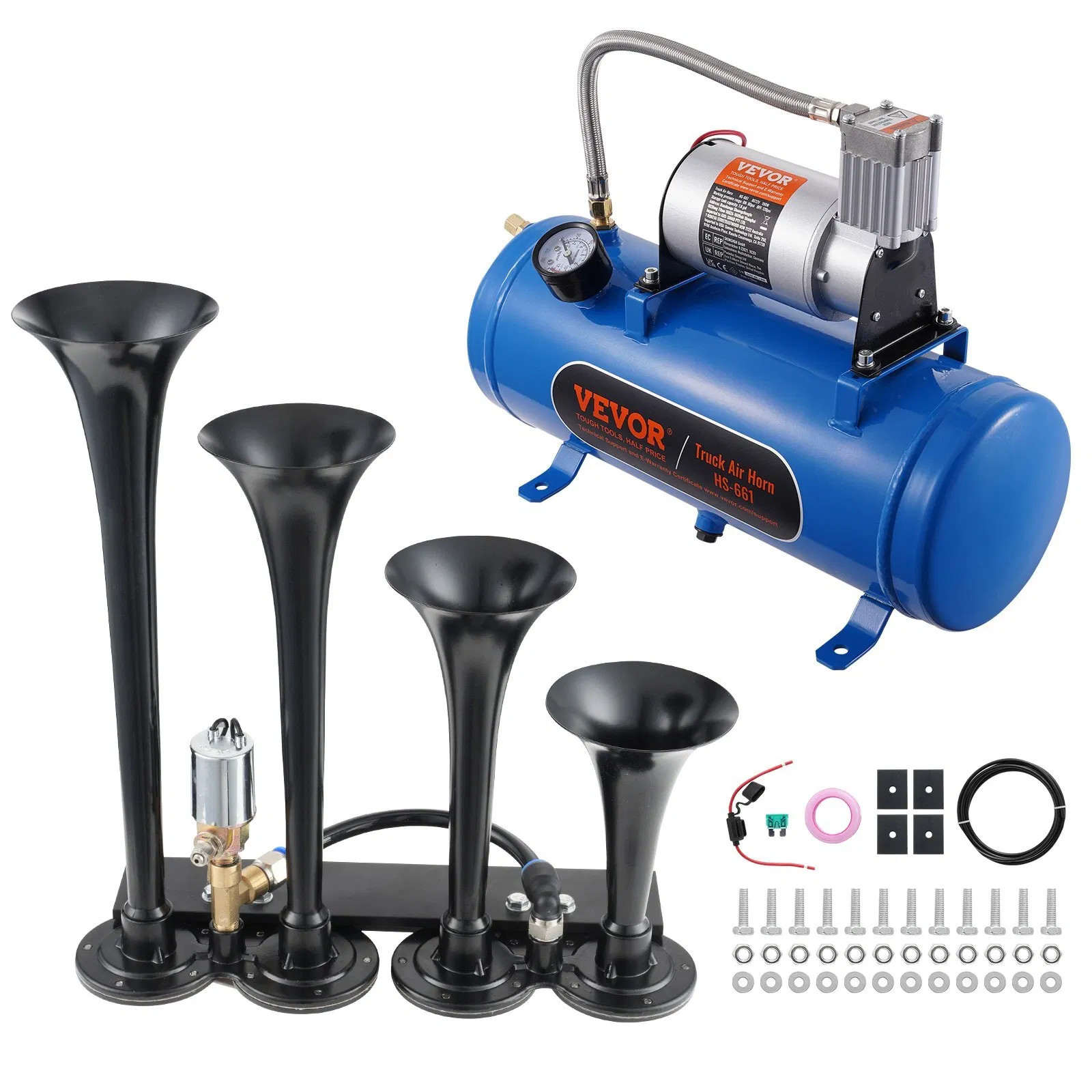 Train Horns Kit, 4 Trumpet Air Horn Kit, 150dB Train Horns for Pickup Trucks, 1