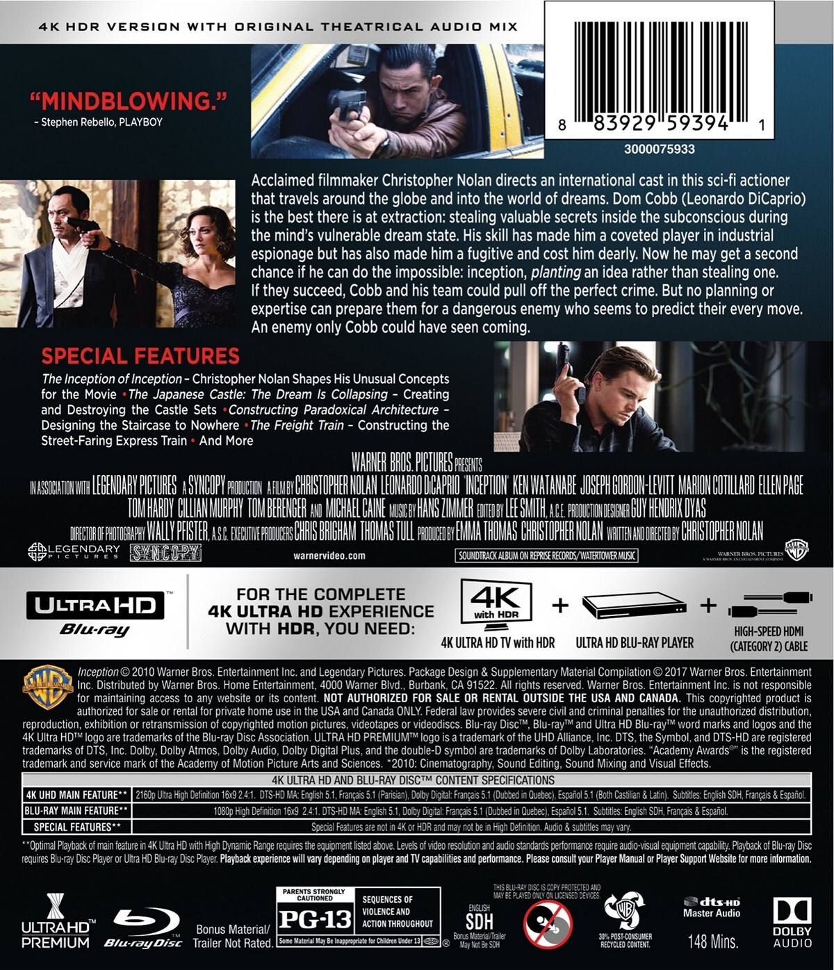 Inception 4K UHD Blu-ray Leonardo DiCaprio NEW