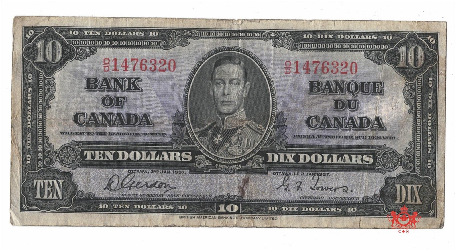 1937 Bank Of Canada 10$ Gordon/Towers O/D1476320 - F/VF -