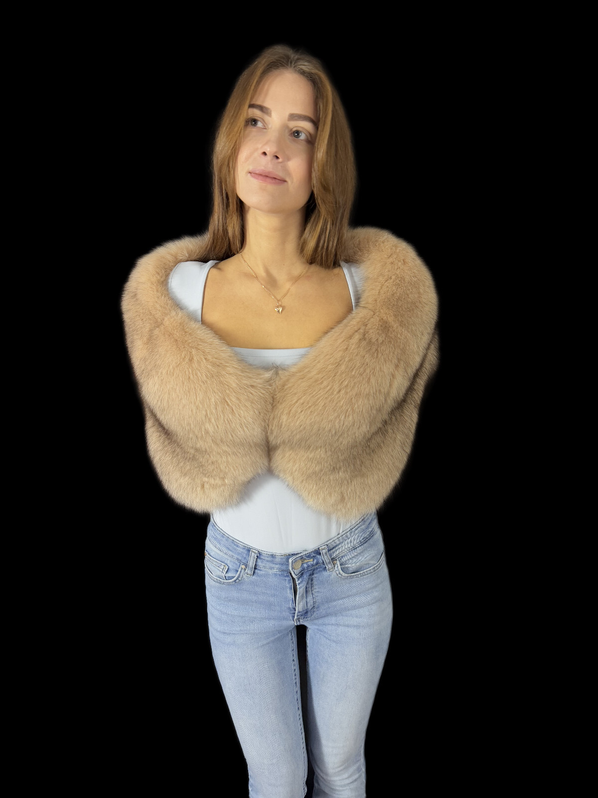 Fox Fur Shawl 47" (120cm) Saga Furs Stole Beige Fur Scarf Extra Wide Fur Wrap