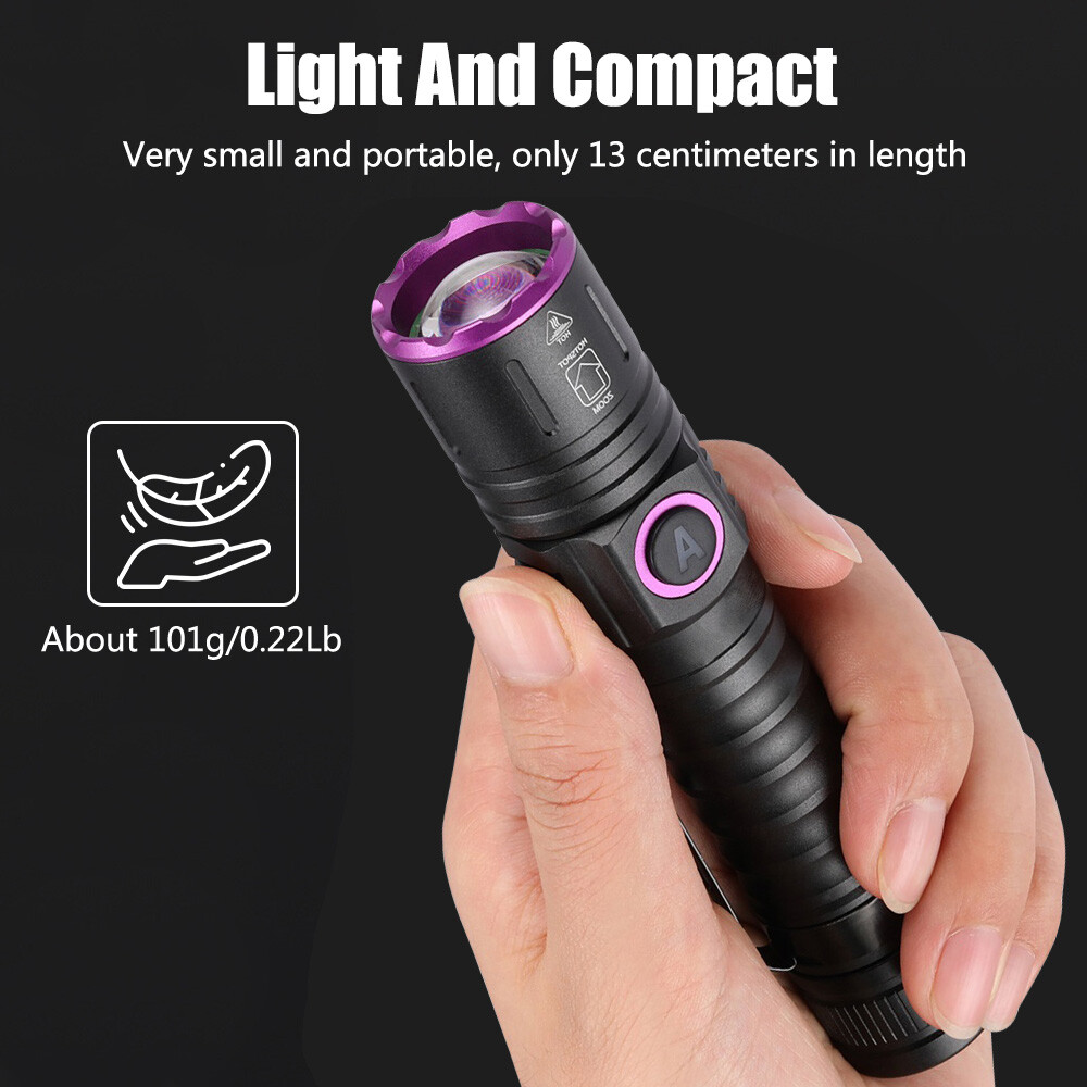 USB Rechargeable UV Light LED Flashlight 365nm Blacklight Inspect Torch Zoomable