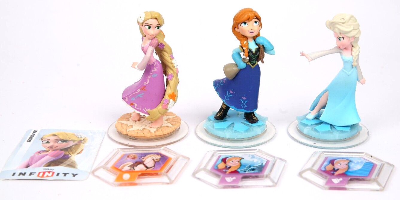 LOT OF 3 Disney Infinity 1.0 3.0 FIGURES FROZEN ANNA,ELSA, Rapunzel POWER DISCS