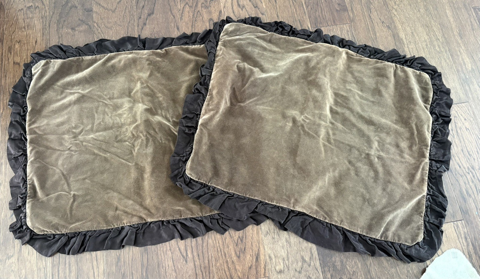 Rare Set Of 2  Velvet BELLA NOTTE Brown  PILLOW SHAMS With Ruffle!  Flaws