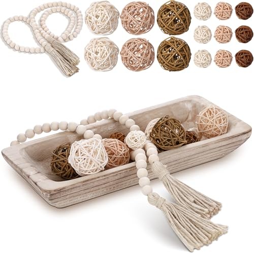 17 Pcs Wooden Centerpiece Table Decorations Wood Dough Bowl Wicker White