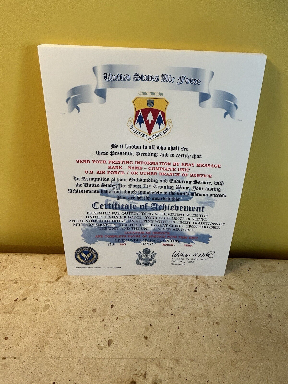 U.S.A.F. / AIR FORCE 71ST TRAINING WING - CERTIFICATE OF ACHIEVEMENT