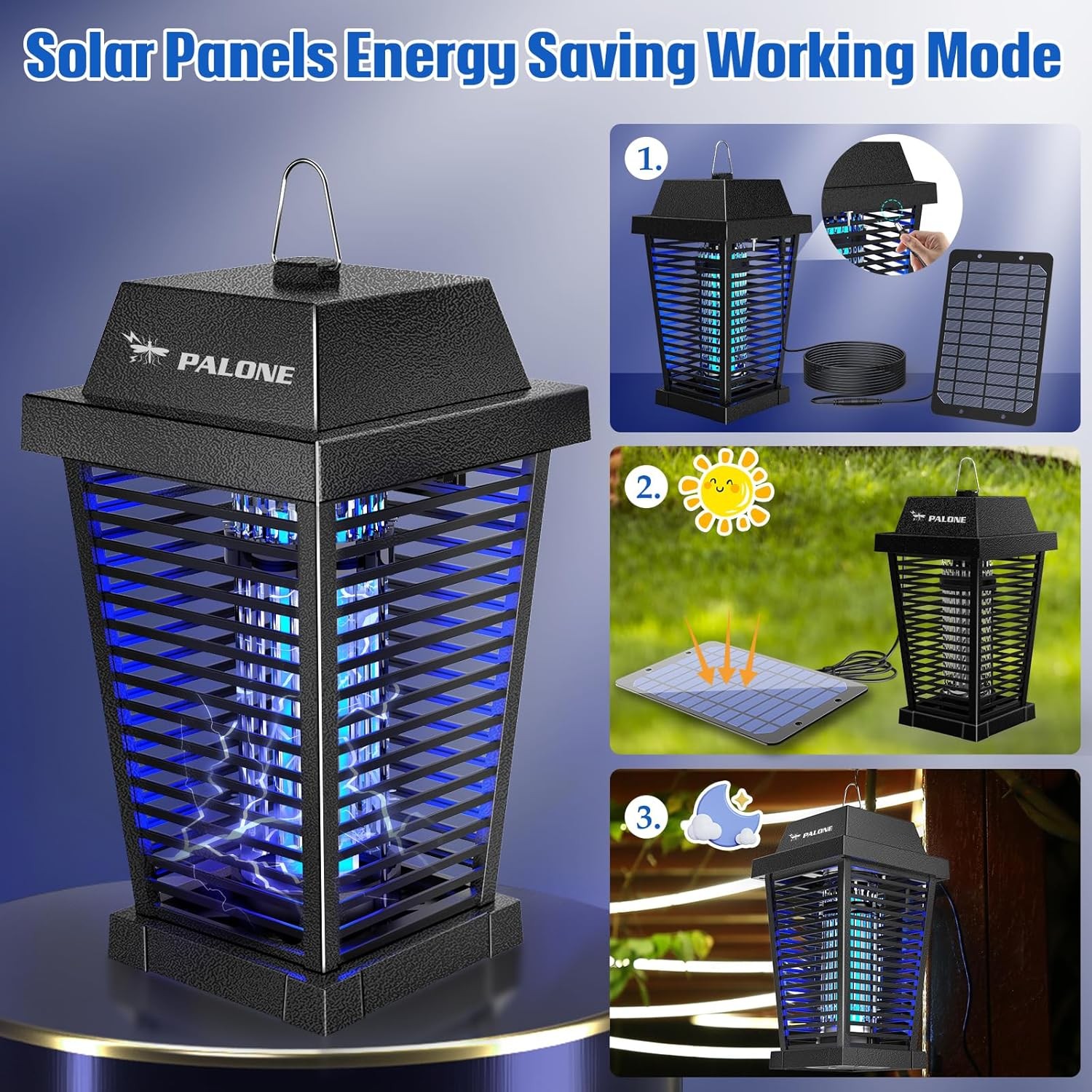 PALONE Solar Bug Zapper 4500V Electric Mosquito Zapper for Flies Gnats Moths USA