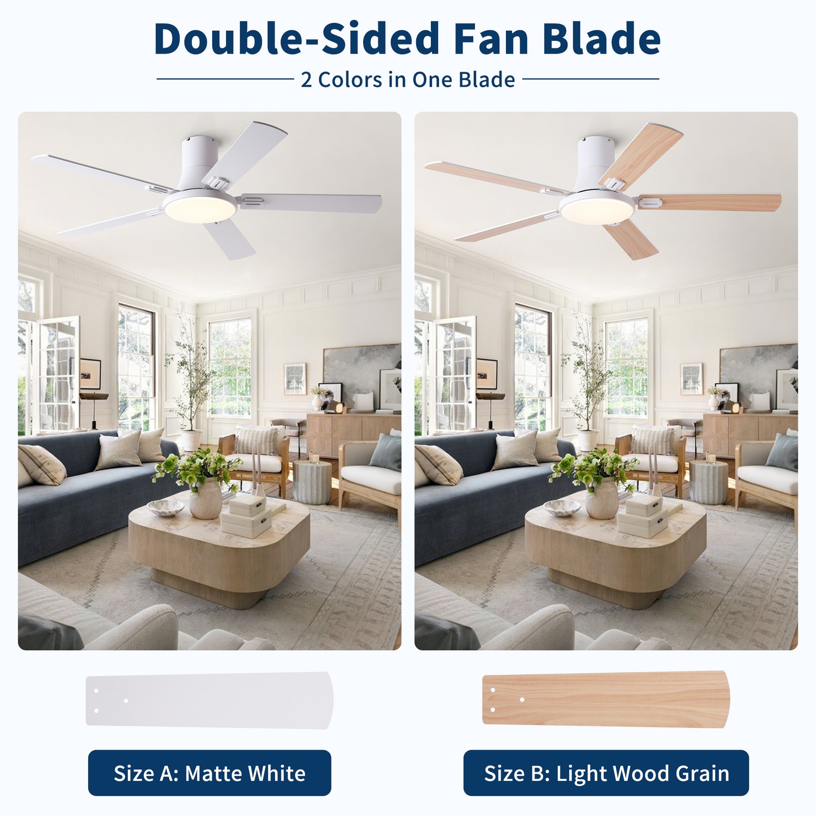 52" White Ceiling Fan with Light and Remote Control, 6-Speed DC Motor