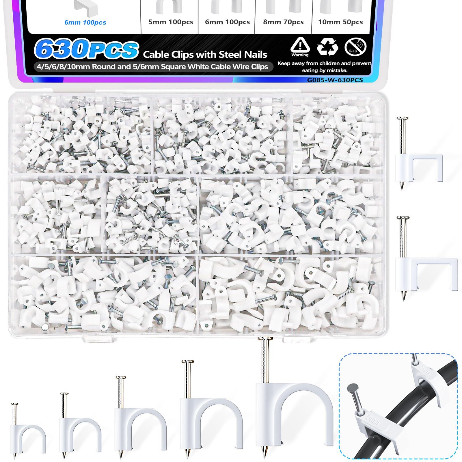 Cable Clips with Steel Nails 630PCS White Round & Square Wall Clip RG6 CAT6