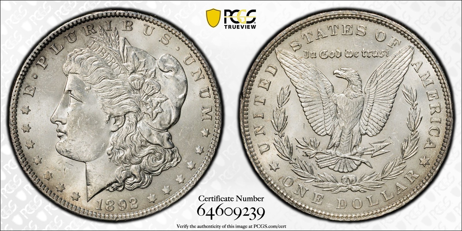 1892 $1 PCGS MS63 - Morgan Dollar - Better Date P-Mint