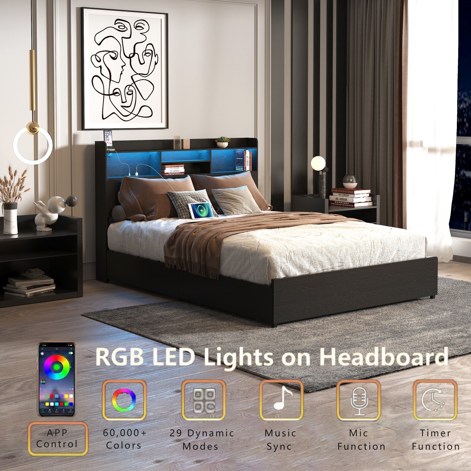 Full/Queen Size Platform Bed Frame w/ LED Lights & Storage Headboard & 4 Drawer