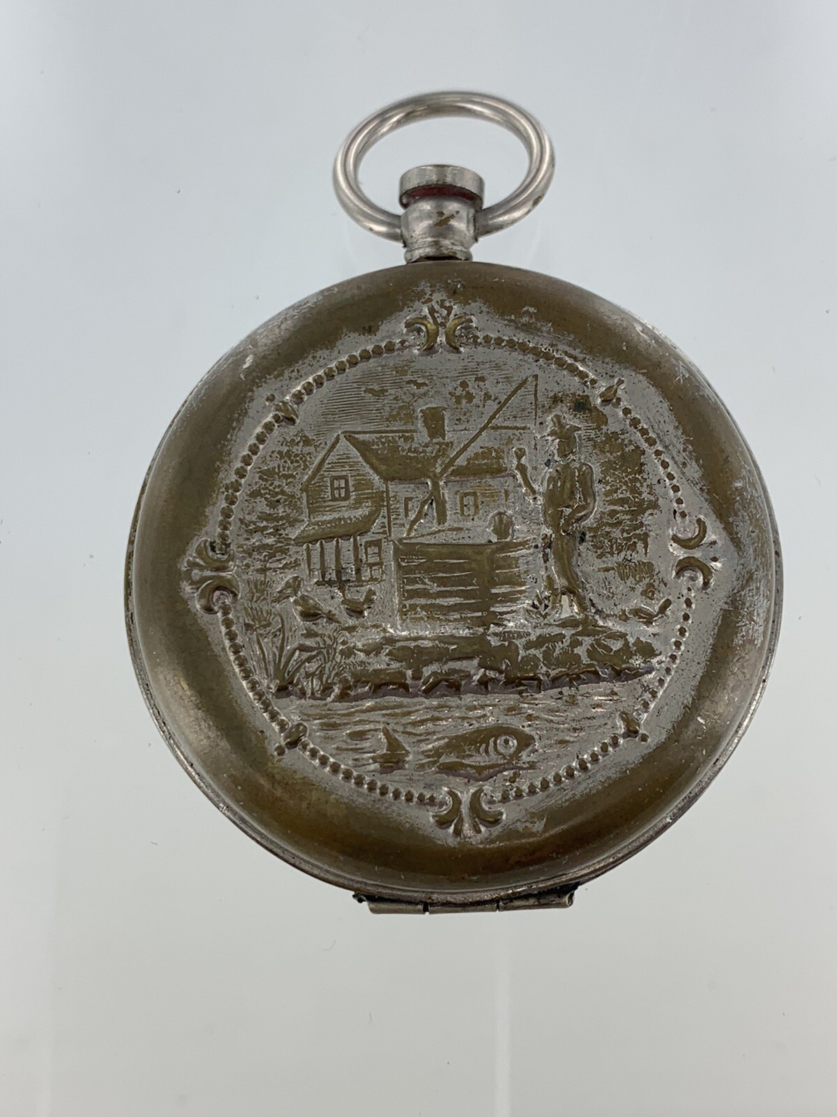 Antique Engraved Brass Steel Pocket Watch Size Collapsible Cup Fishing
