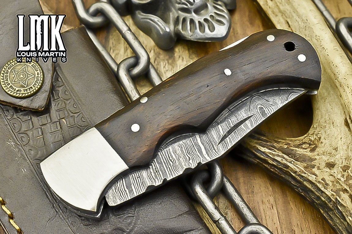 LMK Handmade Twist Damascus Folding Knife Walnut Wood Back Lock EDC