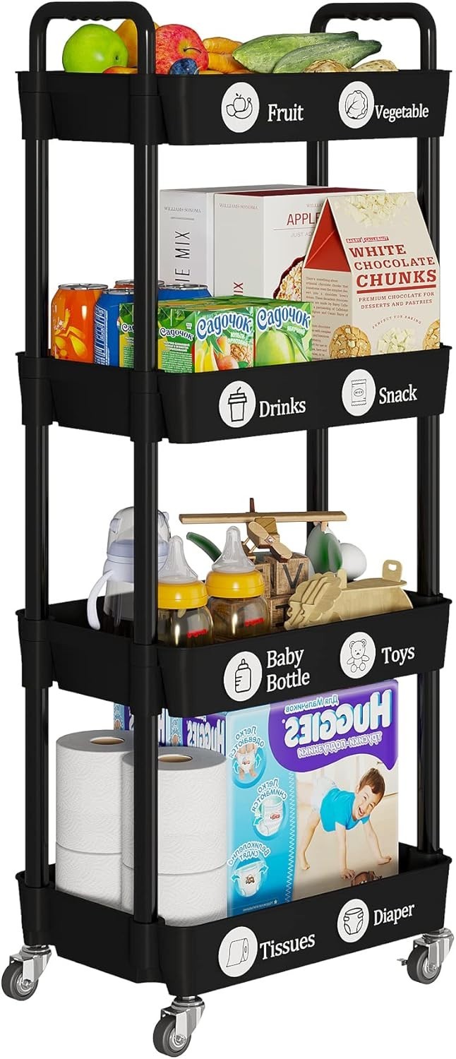 Compact 4-Tier Rolling Cart with Classification Stickers - Effortless Storage