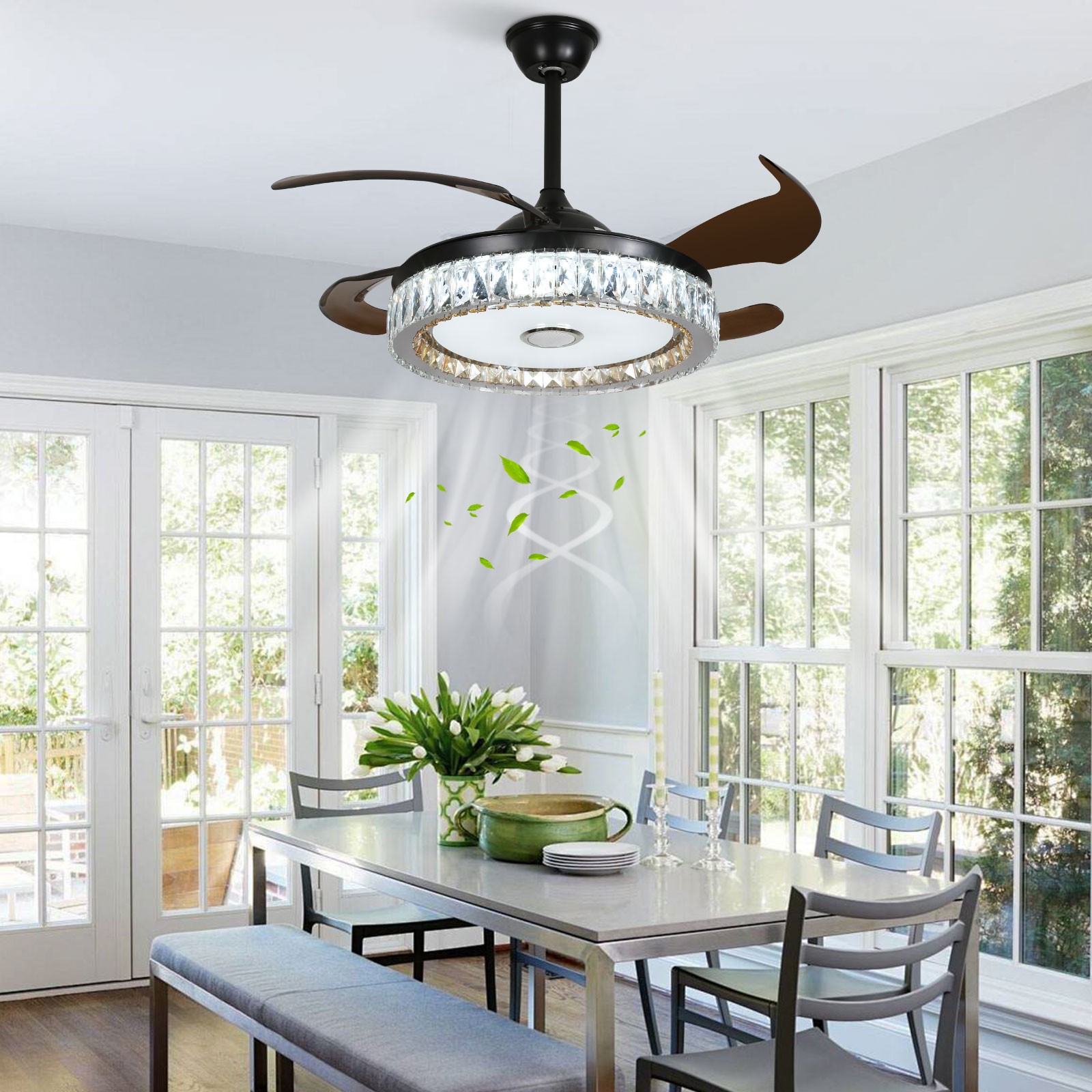 Ceiling Fan With Led Light 42 Inch Remote Control Retractable Black Crystal
