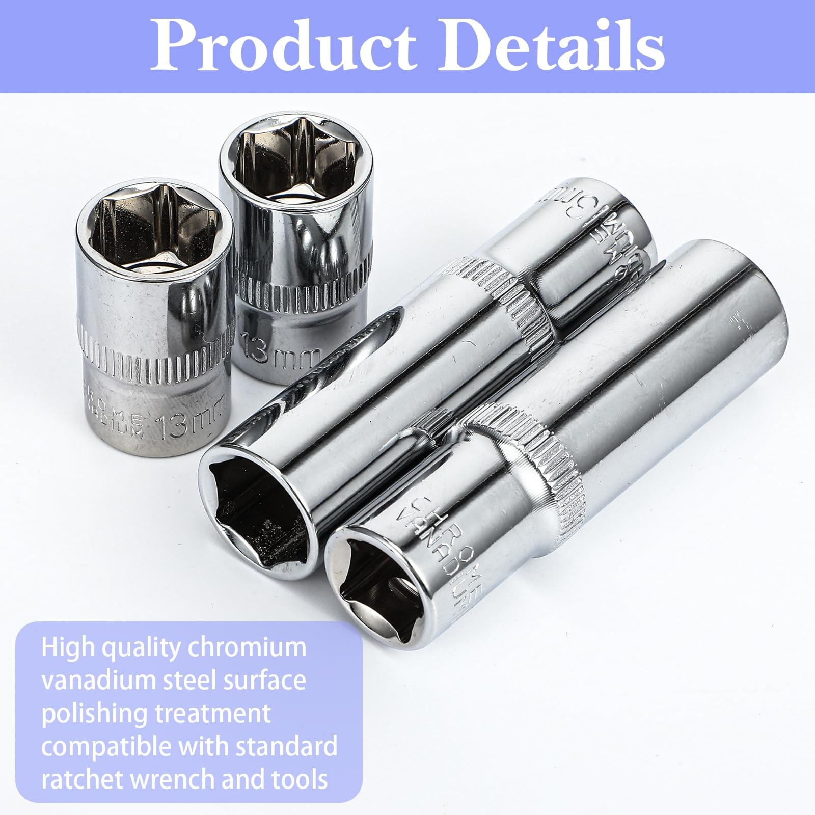 4 Pcs 13mm Socket Set 6 Point, 3/8-In Drive, Deep and Shallow Set...