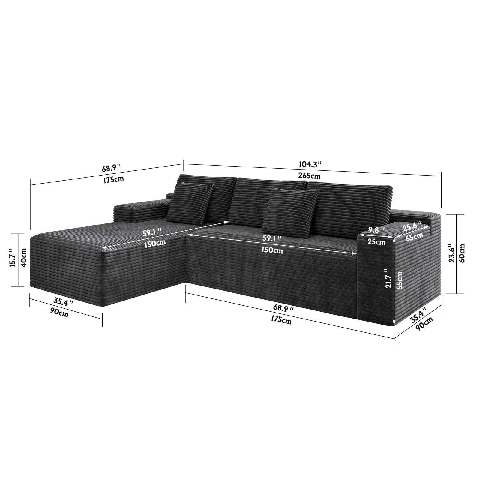 Modular Sectional Sofa Plush Corduroy Fabric Grey No Assembly Required