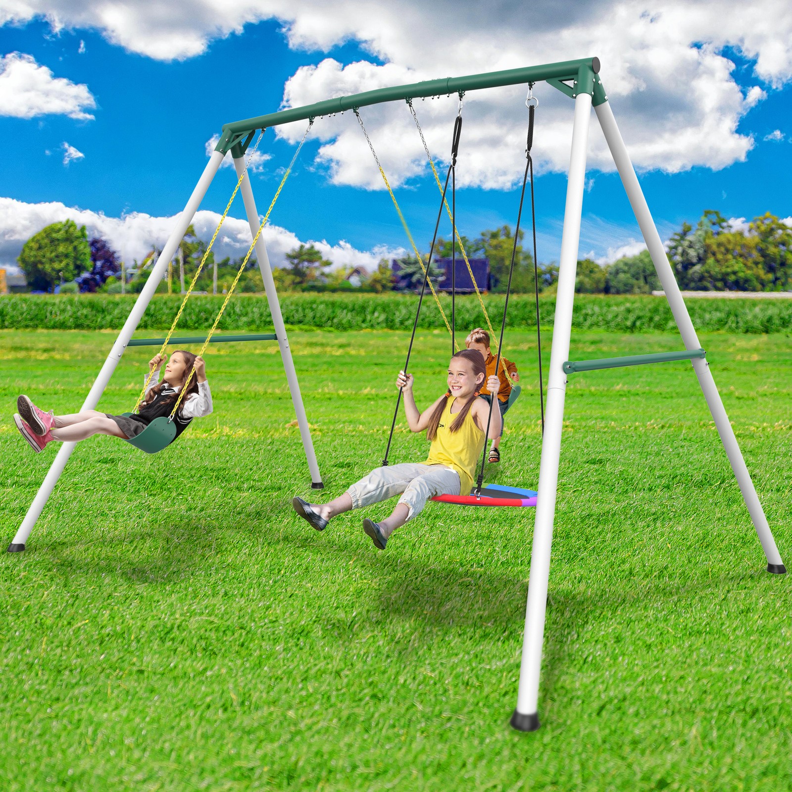 700lbs Heavy Duty 9.5' A-Frame Metal Swing Set with 3 Swings Kids Adult Backyard