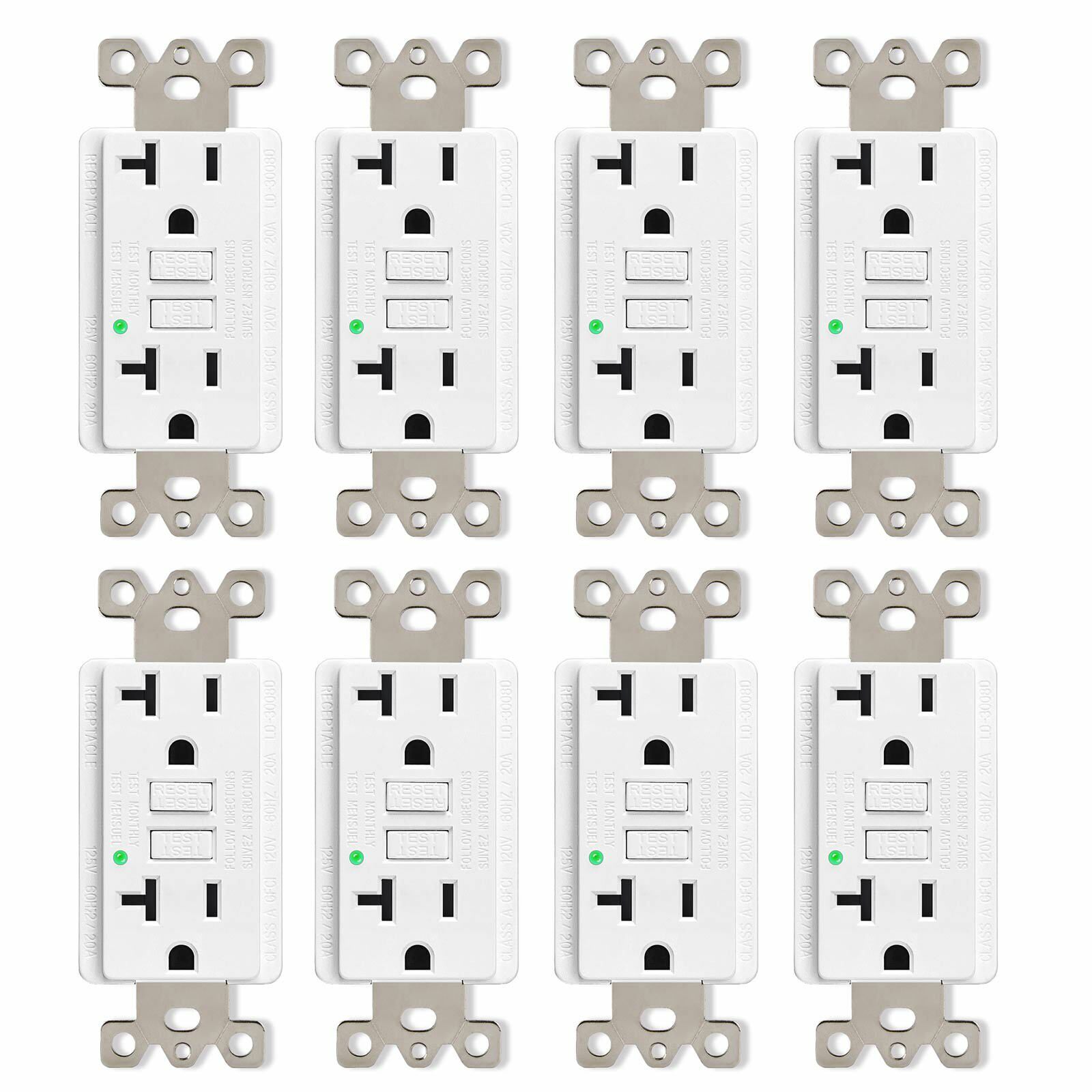 8 Pack 20 Amp GFCI Outlet Receptacles LED Indicator with Decor Plate ETL Non-TR