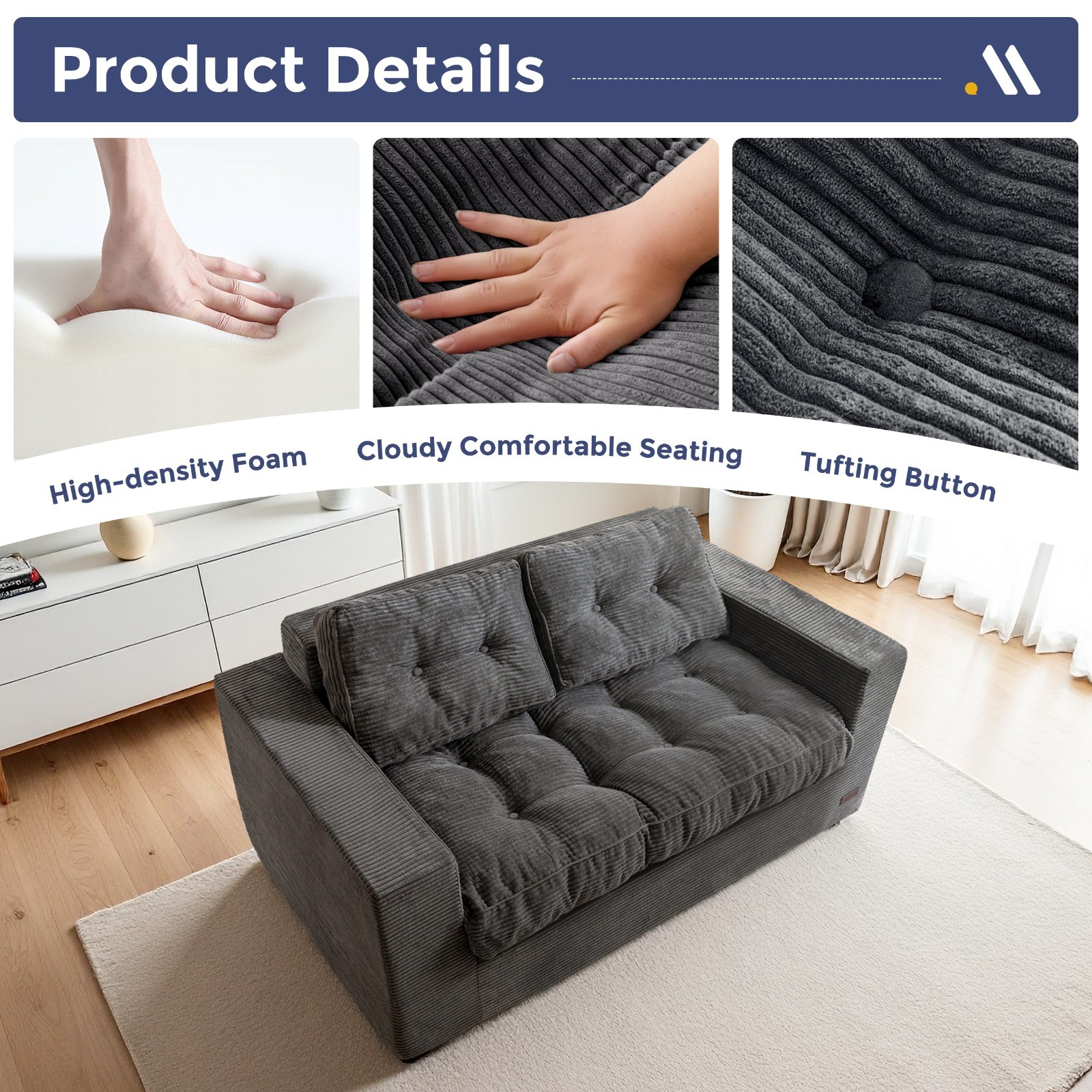MAXYOYO Corduroy Boneless Couch ,Giant Bean Bag Chair Sofa with Pillows