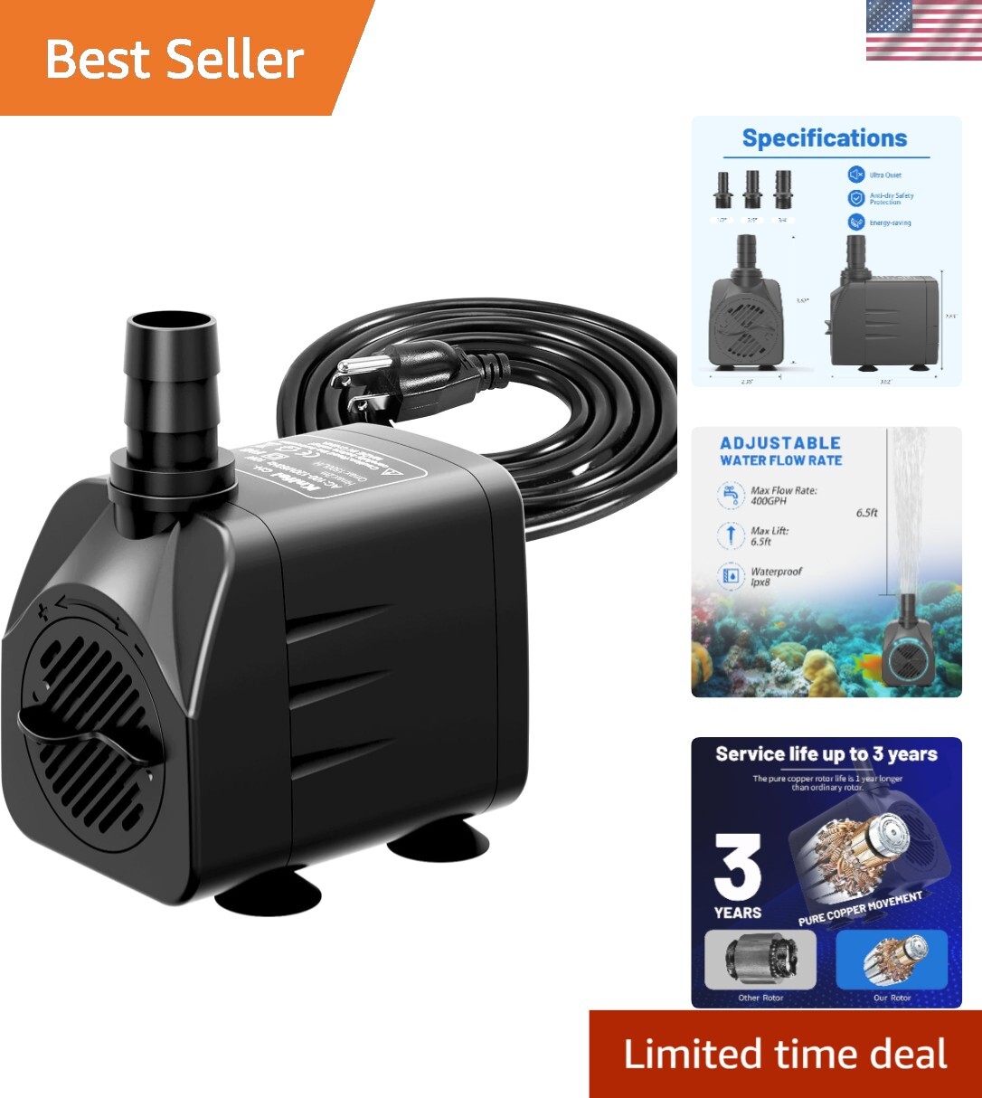 Ultra Quiet 400GPH Pond Pump with Temperature Control - Reliable & Efficient