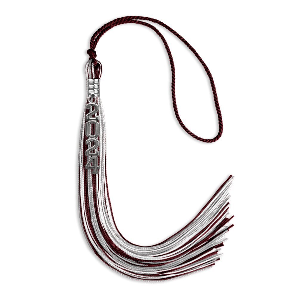 Endea Graduation Maroon/Silver/White Mixed Color Tassel Silver Stacked Date