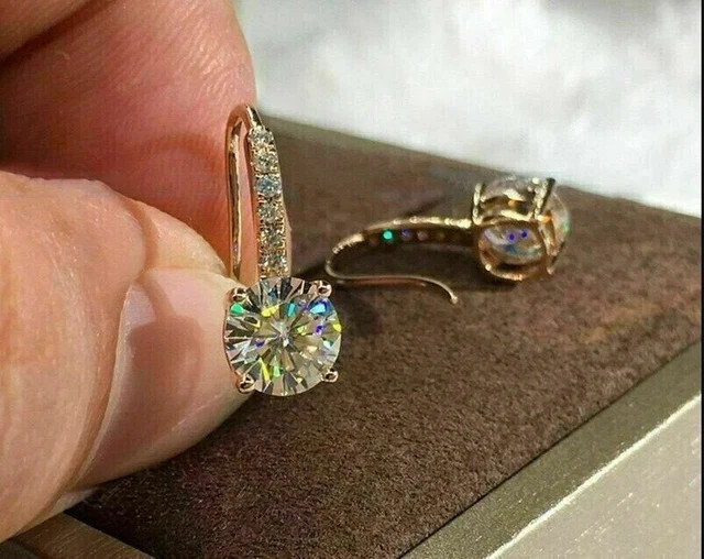 3Ct Round Real Moissanite Drop Dangle Earrings 14K Yellow Gold Plated Silver
