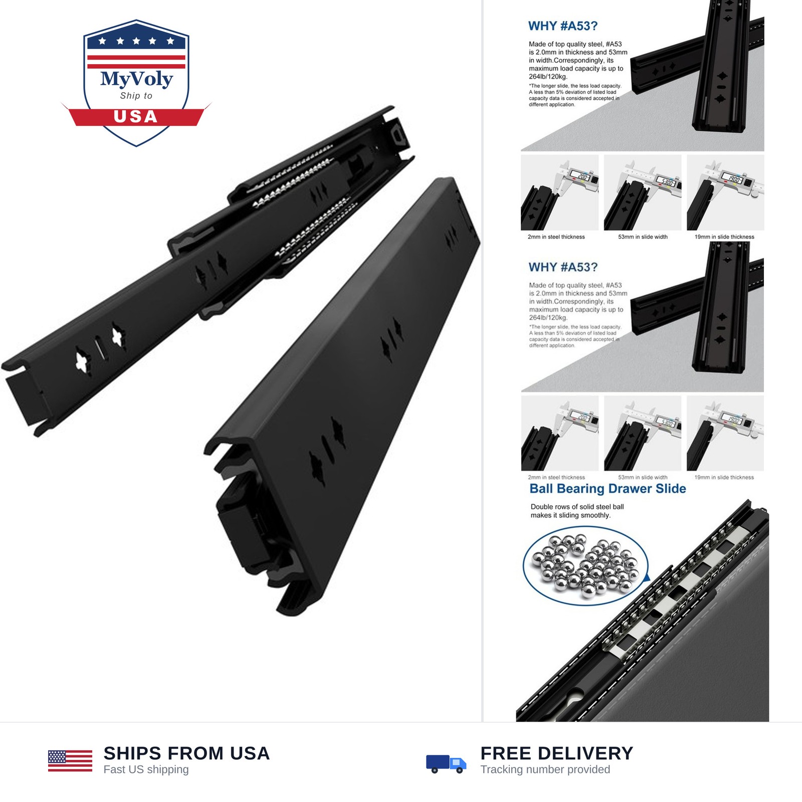 VADANIA #A53 Black 20" Heavy Duty Drawer Slide Without Lock, 1-Pair | 2" Widt...