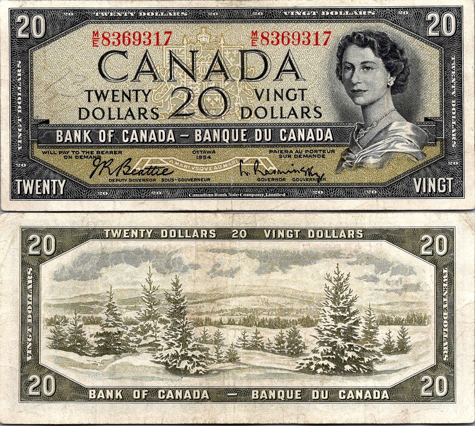 Canada 20 Dollars Bank of Canada 1954 Pick# 80b XF-AU
