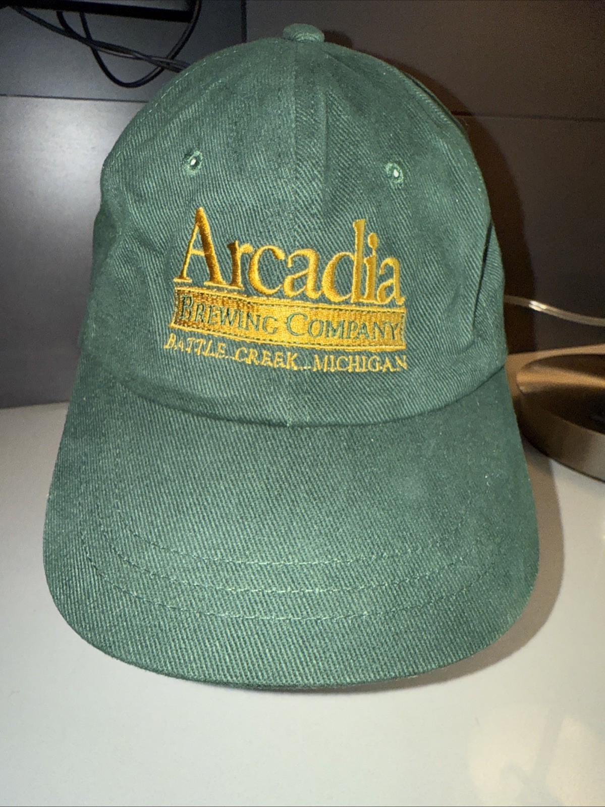 Arcadia Brewing Co. In Gold on Forest Green Hat Cap Brushed Cotton Snap Strap