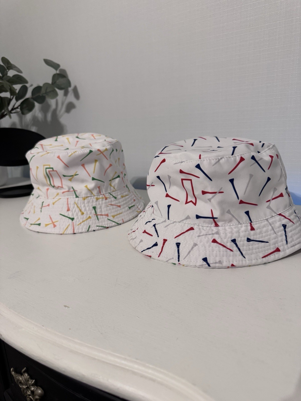 White Bucket Hat With Golf Tee Design Reversible One Size