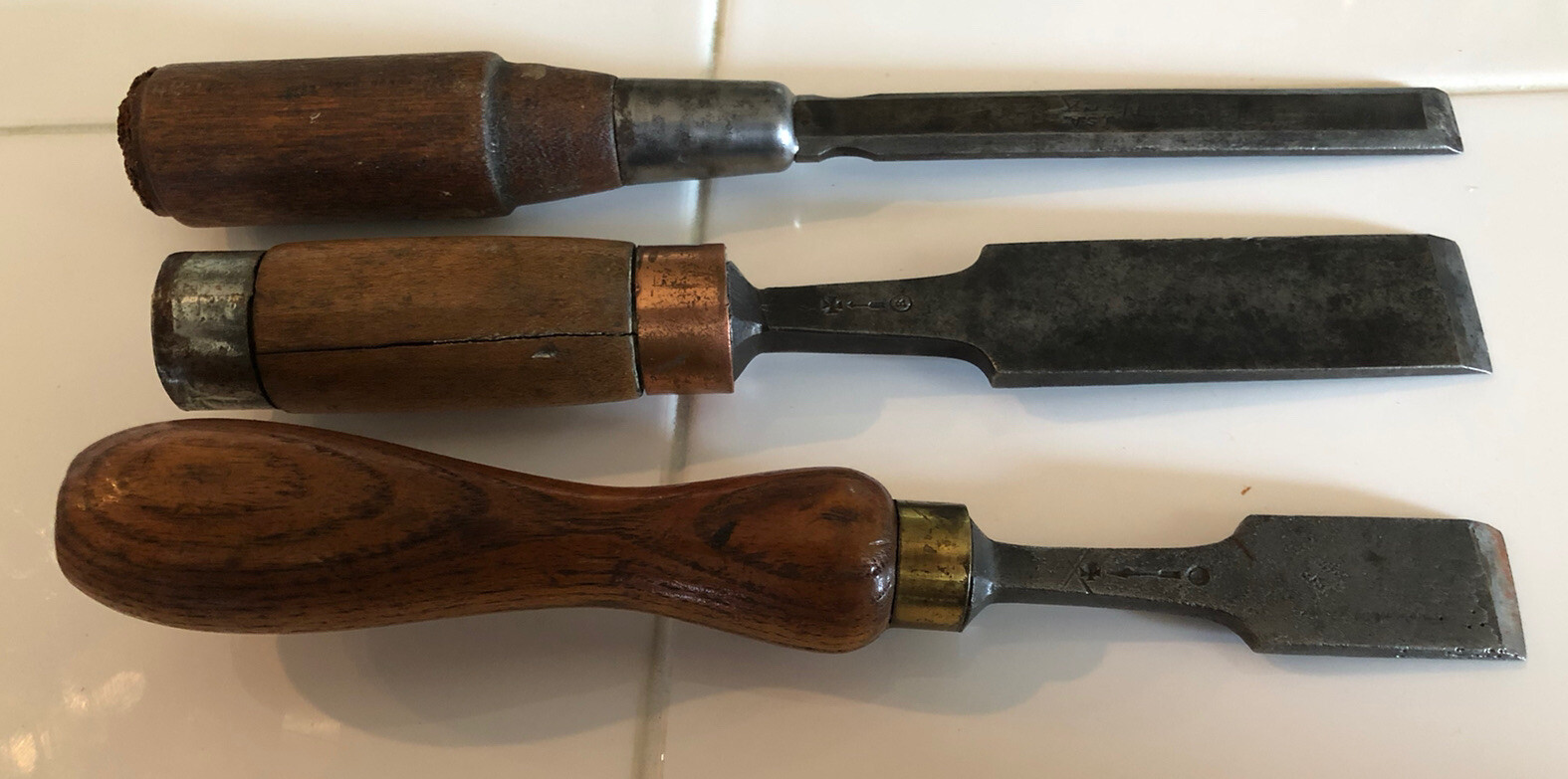 LOT OF (3) VINTAGE WOOD CHISELS (2) W. BUTCHER (1) GREEN NECK