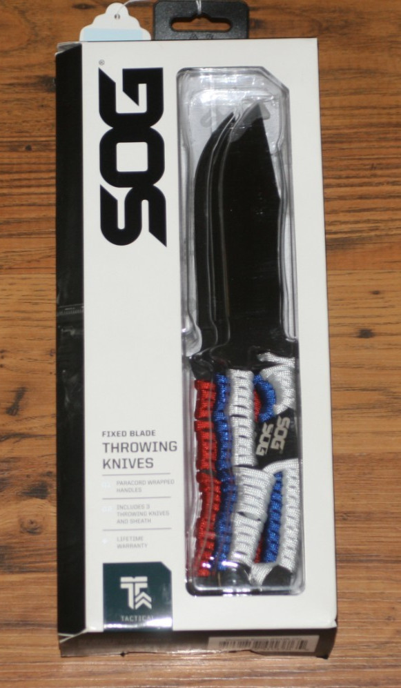 SOG Fixed Blade Throwing Knives 3 Piece Set - Red/White/Blue Handles & Sheath