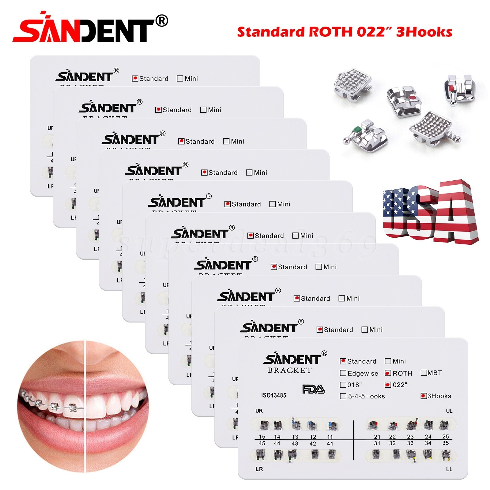10 packs Dental Brackets Braces Orthodontics Standard Roth 022"Slot 3Hooks FDA
