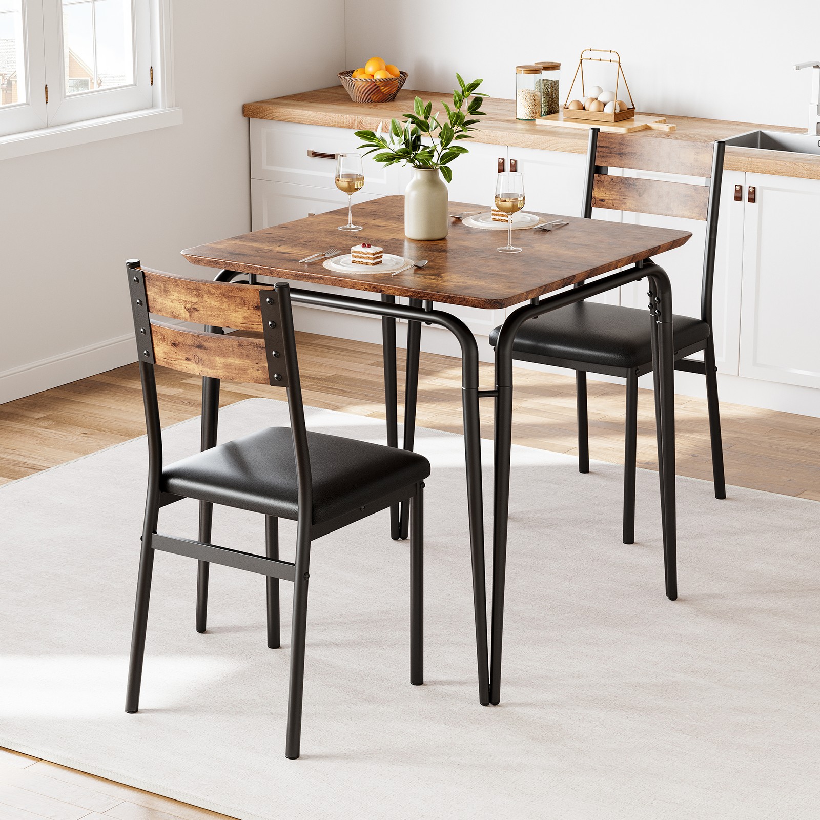 3 Piece Dining Set Gray Black Storage Compact Kitchen Dining Room Square Modern