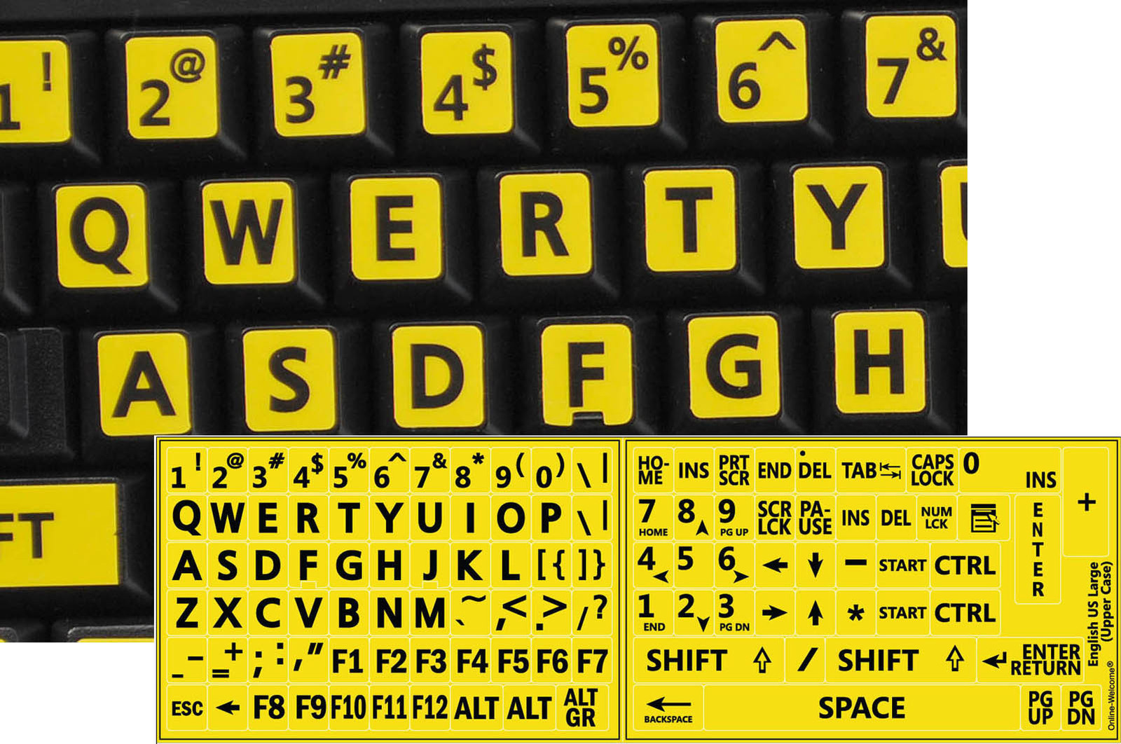 ENGLISH US KEYBOARD STICKER LARGE BLACK LETTERS WITH YELLOW BACKGROUND