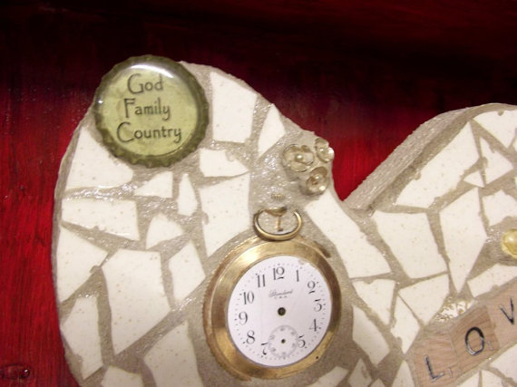 Red and Tan Heart assemblage with cross - mosaic sculpture