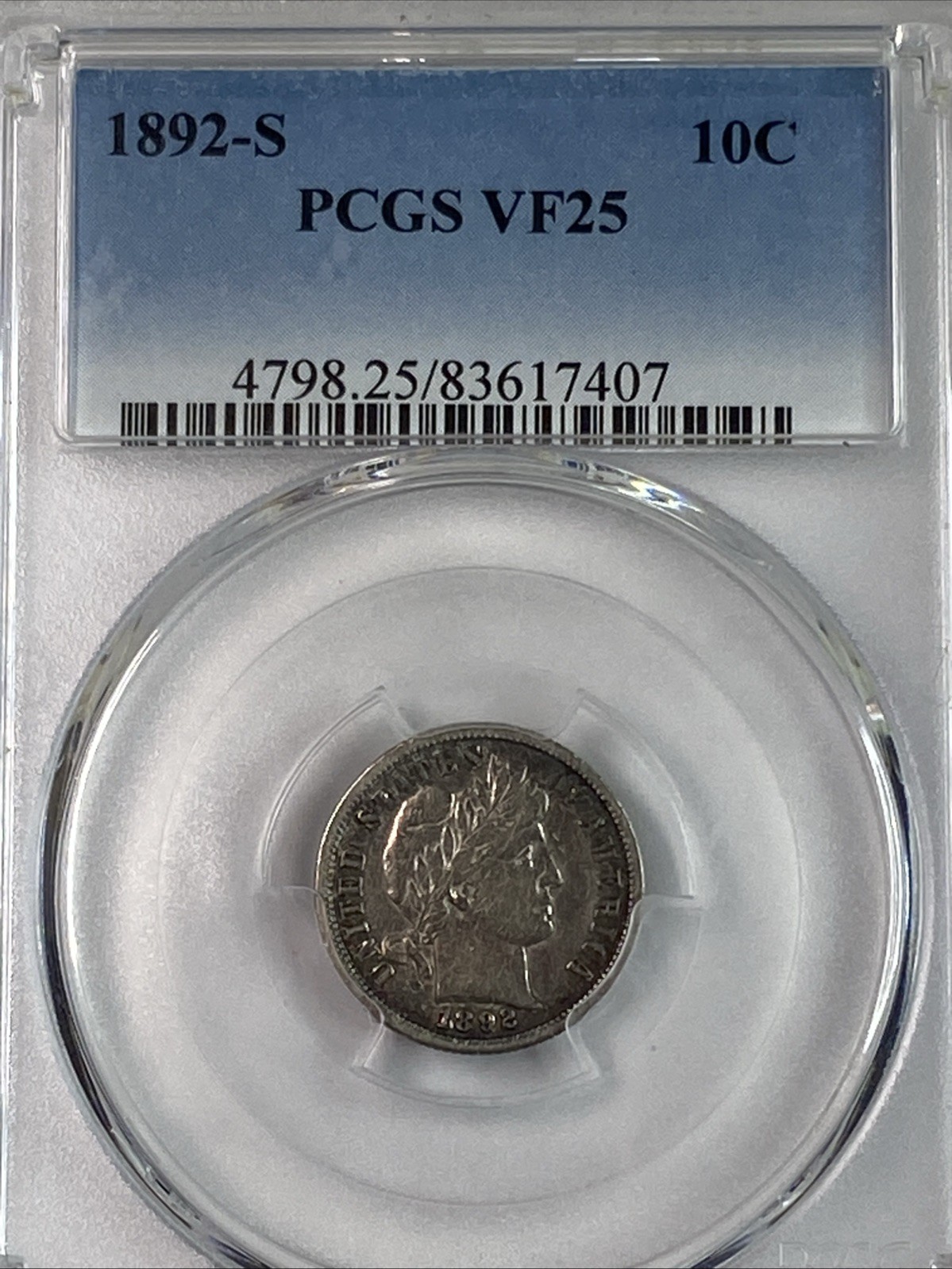 1892-S Barber dime PCGS VF25, Rare Date - Nice Coin!