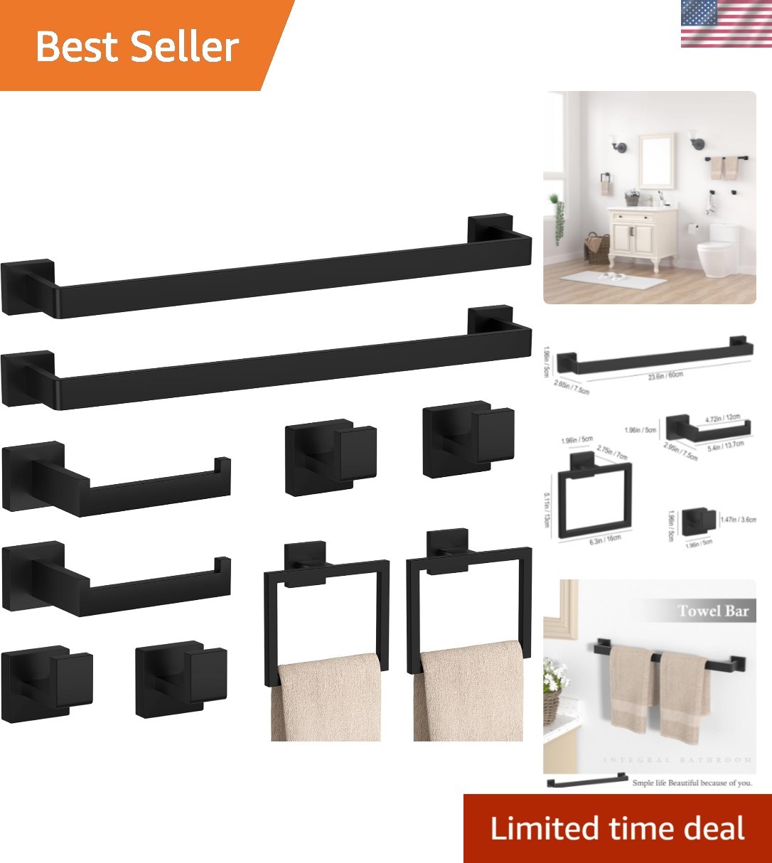 10-Pieces Matte Black Bathroom Accessories Set, 23.6 Inch Bath Towel Bar Set,...