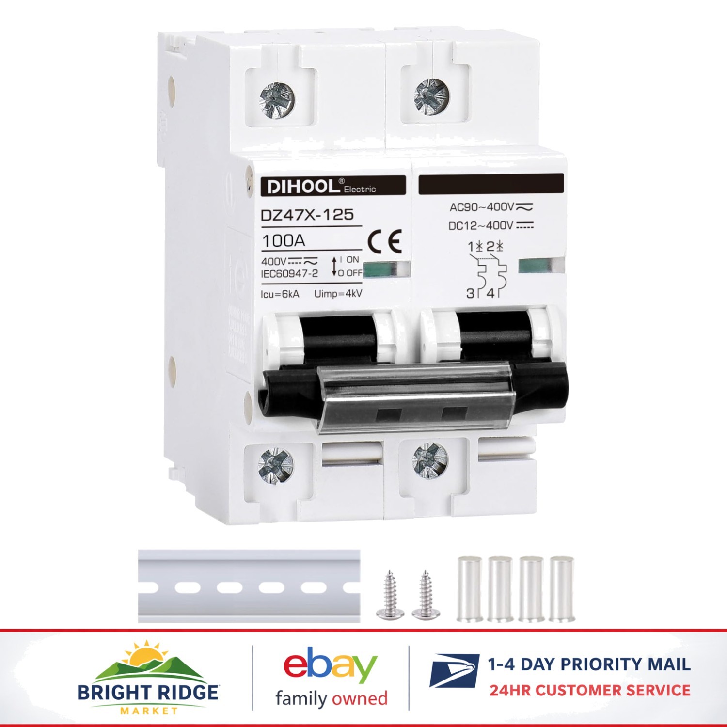 100 Amp Solar Disconnect Switch for 2 Pole DIN Rail Mount Circuit Protection