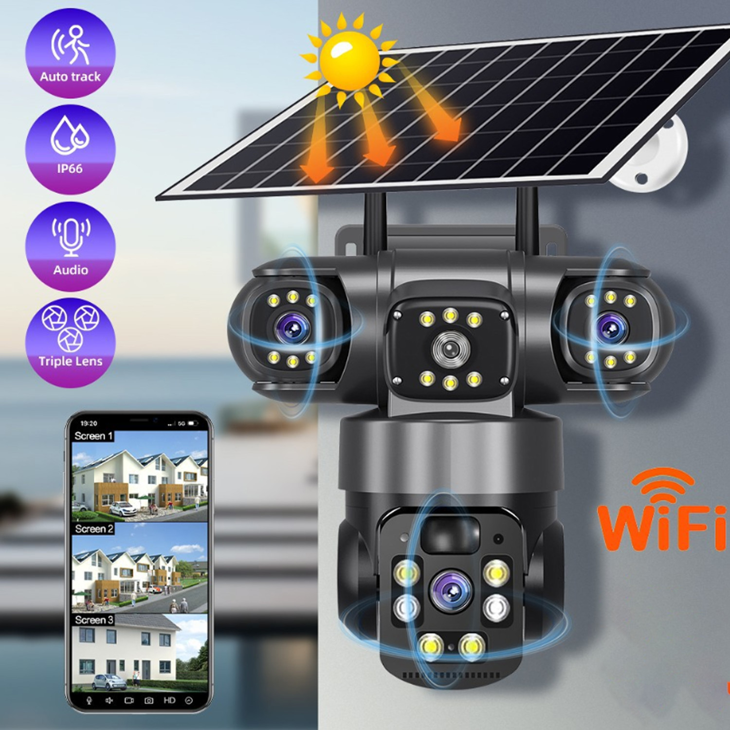 2x 3 Lens 12MP Solar Battery Home Security Camera Outdoor Wifi Wireless PTZ CCTV