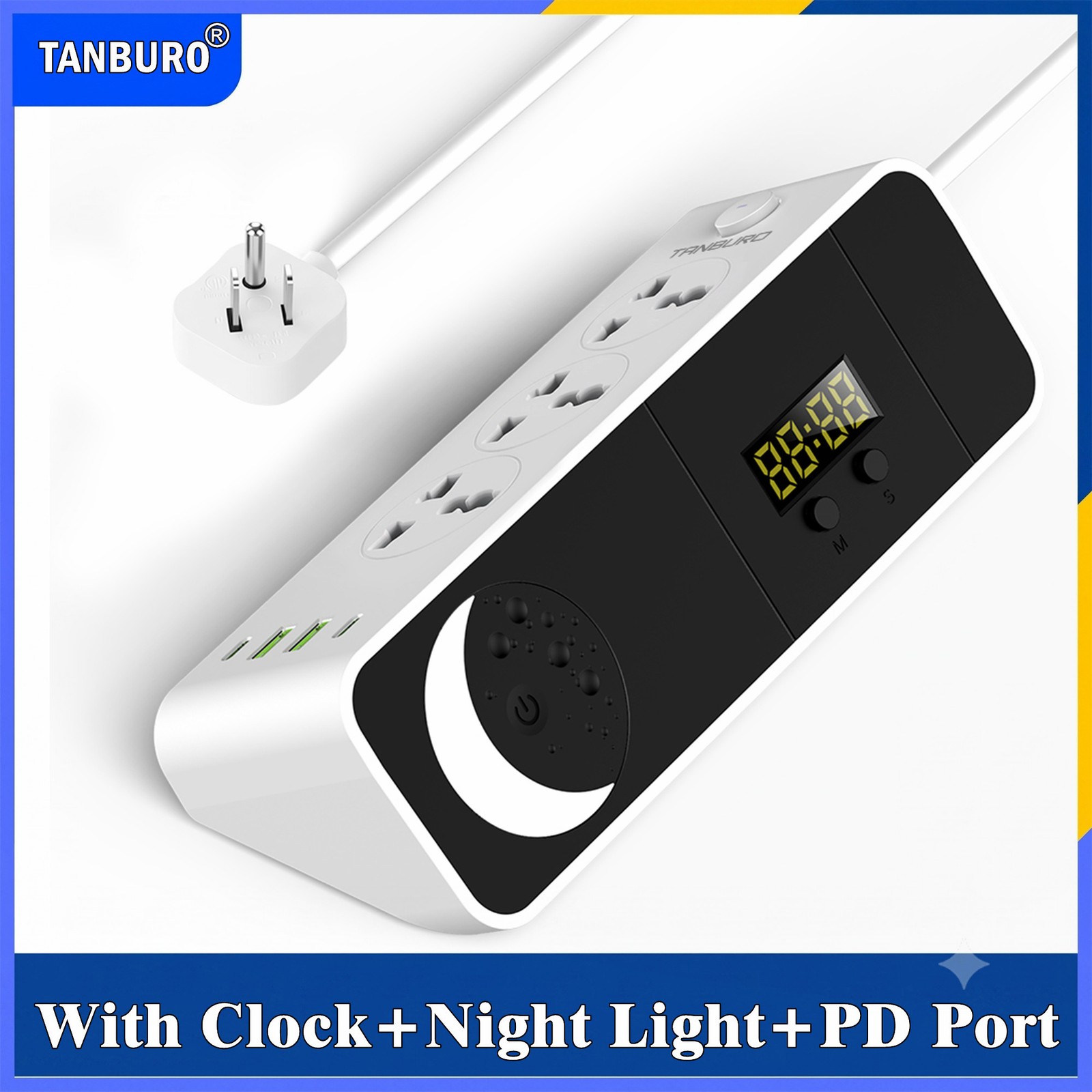 Wall Plug Power Strip with 3 Outlets Surge Protector Extension Cord Clock+Light