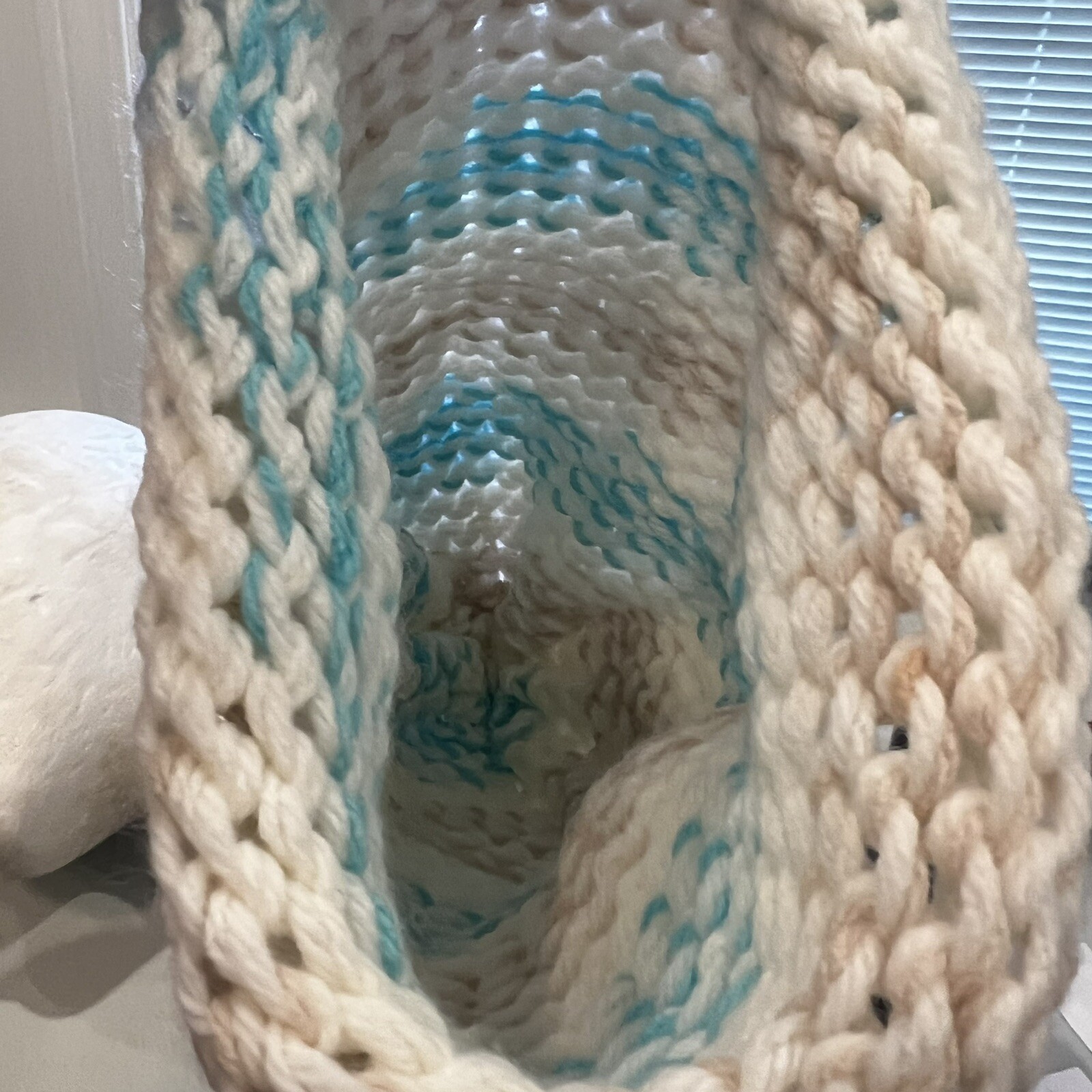 Tan White Light Blue Knitted Hat Cap Small EUC