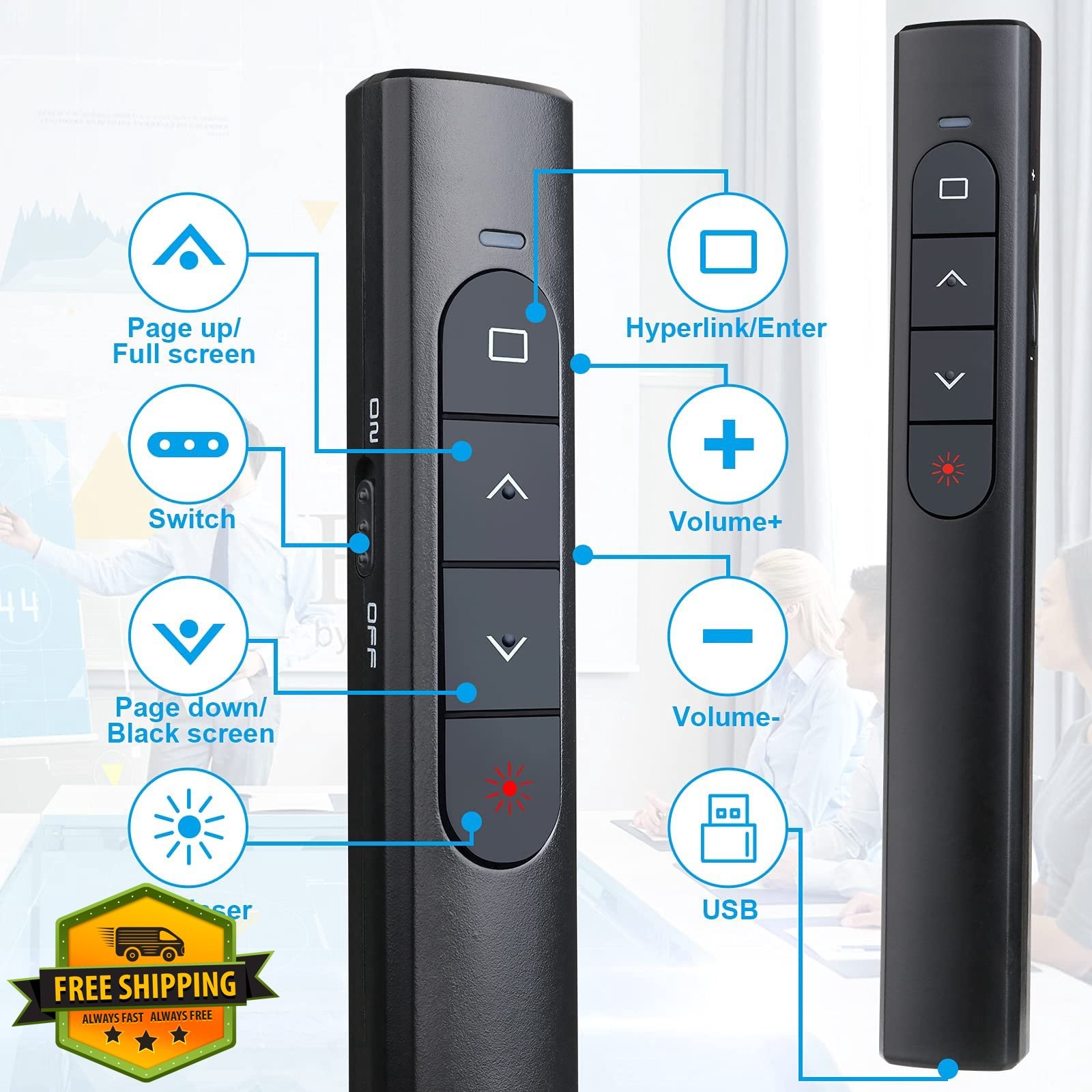 2x Wireless Presenter Remote w/ Case, PowerPoint Clicker Mac PC