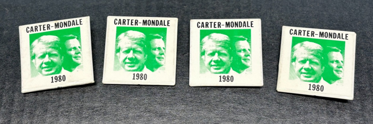 Lot of 4 - 1980 Jimmy Carter-Walter Mondale Green/White Square Campaign Pinbacks